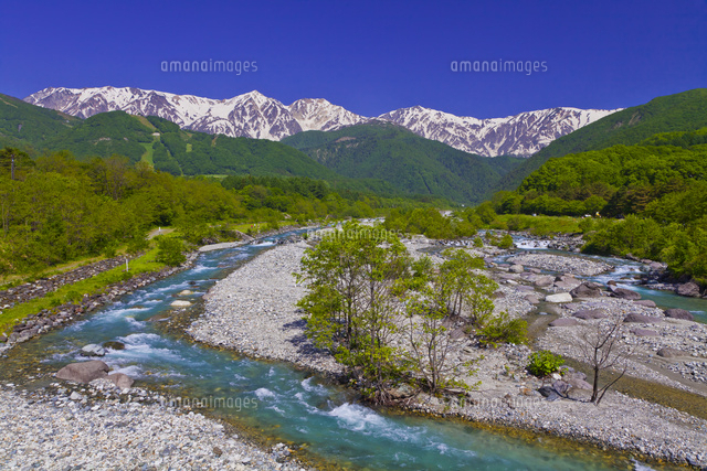 白馬大橋から望む白馬三山と松川の流れ の写真素材 イラスト素材 アマナイメージズ