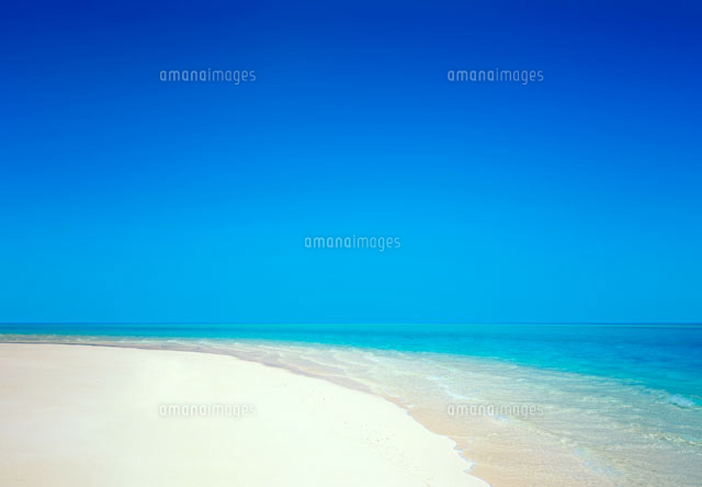雲ひとつない空に水平線と砂浜 の写真素材 イラスト素材 アマナイメージズ