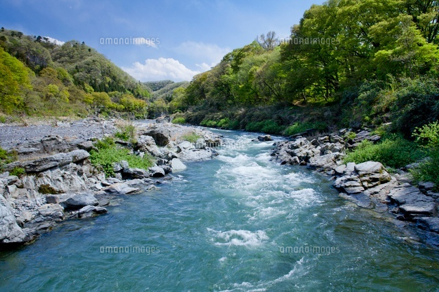 若葉の山並みと荒川の急流 長瀞 の写真素材 イラスト素材 アマナイメージズ