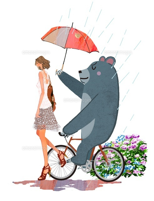 梅雨のアジサイと女の子とクマ の写真素材 イラスト素材 アマナイメージズ