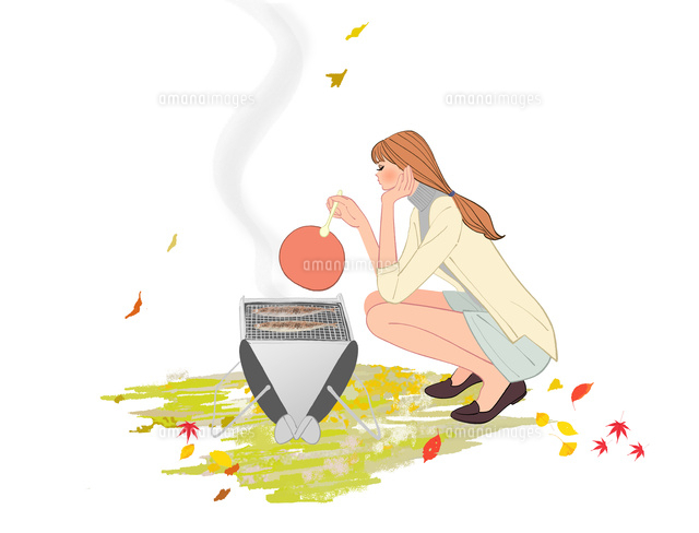 秋にバーベキューコンロでさんまを焼く女性 の写真素材 イラスト素材 アマナイメージズ