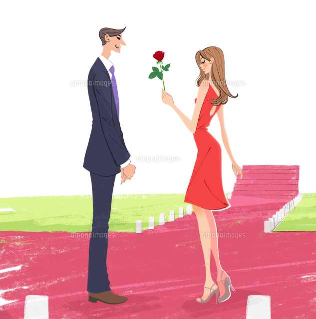 恋人にバラを一輪渡す女性のイラスト の写真素材 イラスト素材 アマナイメージズ
