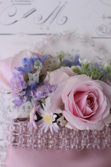 白地に黒英字の背景とピンクのバッグに生花アレンジ の写真素材 イラスト素材 アマナイメージズ