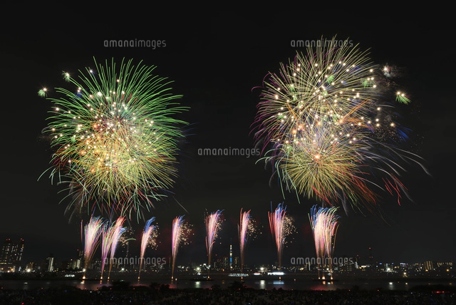 【原画・一点物】ESOW (エソウ) 木板ペイント 浅草 スカイツリー 花火　夏 足立の花火と東京スカイツリー[10408001818]の写真・イラスト素材