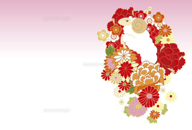 年賀状 未年 羊と花盛り 赤 の写真素材 イラスト素材 アマナイメージズ