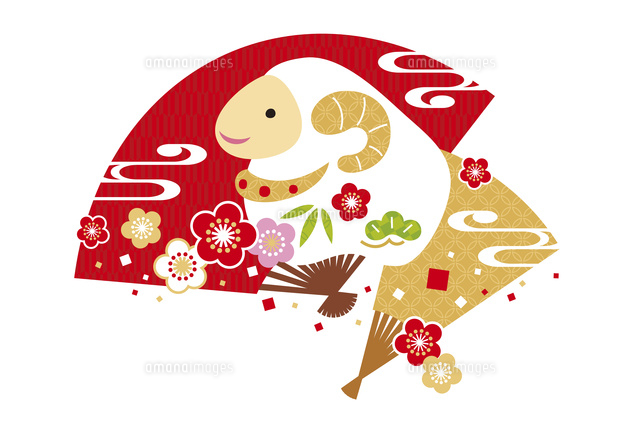 年賀状 未年 羊と梅と扇子 赤 の写真素材 イラスト素材 アマナイメージズ