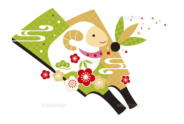 年賀状 未年 羊と梅と羽子板 緑 の写真素材 イラスト素材 アマナイメージズ