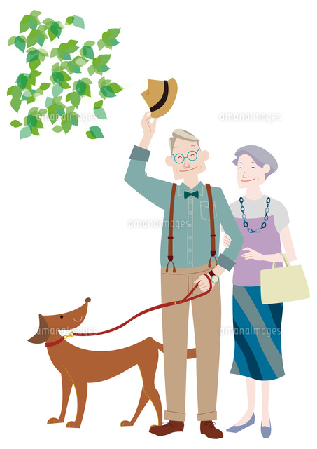犬の散歩をするおしゃれな老夫婦 の写真素材 イラスト素材 アマナイメージズ