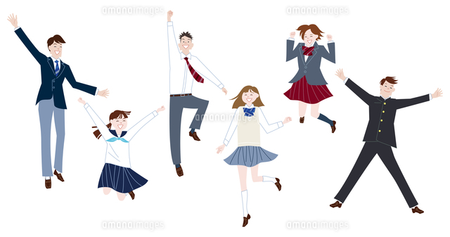 ジャンプする学生服の男子学生と女子学生の集合体 の写真素材 イラスト素材 アマナイメージズ
