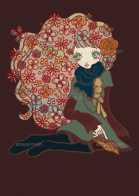 髪に沢山の花をつけた女性 の写真素材 イラスト素材 アマナイメージズ