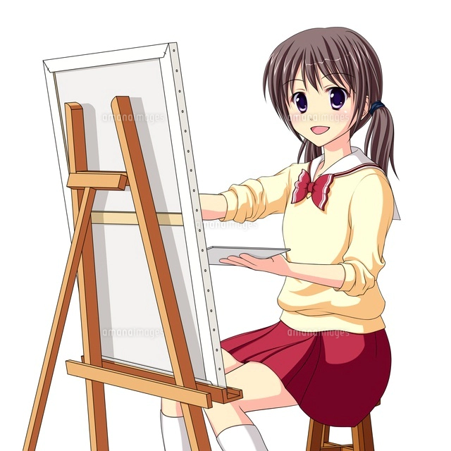 キャンバスに絵を描く美術部の女子生徒（夏服）[10438000039]の写真