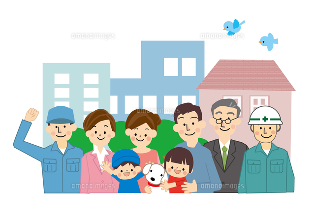 建設工事関係 男性作業員と街の人々 の写真素材 イラスト素材 アマナイメージズ