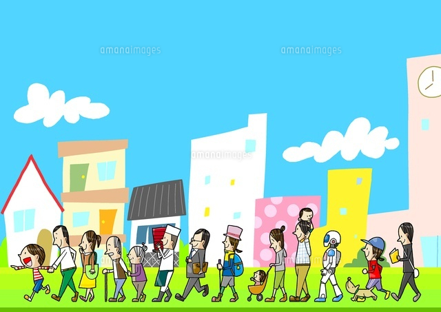 様々な年代や職業の人が歩く街並 の写真素材 イラスト素材 アマナイメージズ