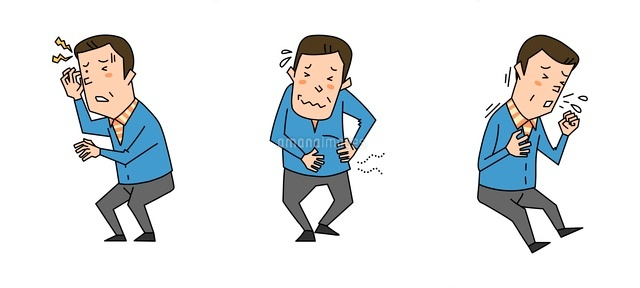 中年男性の症状 頭痛 腹痛 咳 の写真素材 イラスト素材 アマナイメージズ
