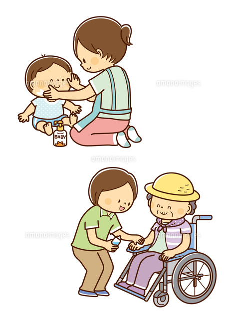 赤ちゃんに日焼け止めをぬるお母さん 車いすの高齢者に日焼け止めを塗るヘルパーさん の写真素材 イラスト素材 アマナイメージズ