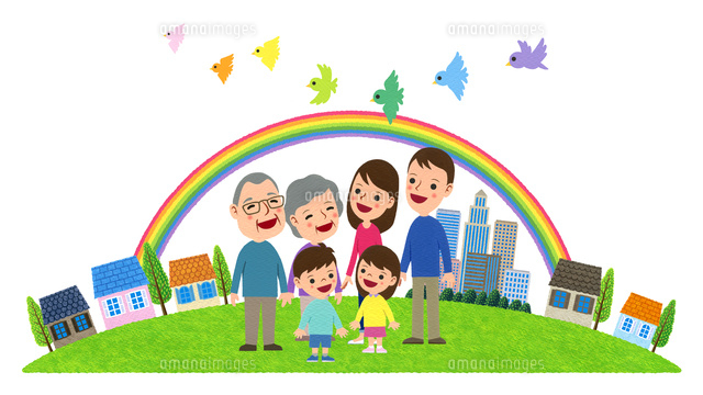 小鳥達が飛ぶ虹の架かる住宅街と三世代家族[10514000063]の写真