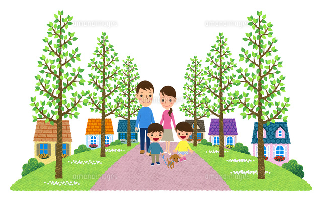 公園の家族の散歩 絵画 並木の遊歩道がある住宅街を散歩する家族[10514000079]の写真