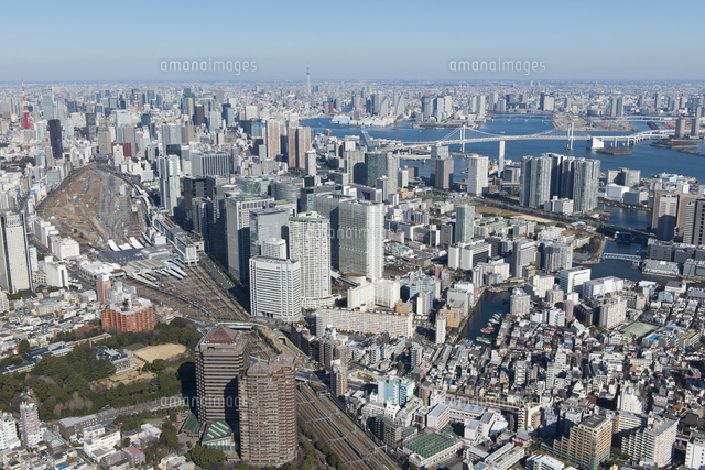 北品川駅空撮 南西側より品川 レインボーブリッジ 都心 スカイツリー方面 の写真素材 イラスト素材 アマナイメージズ