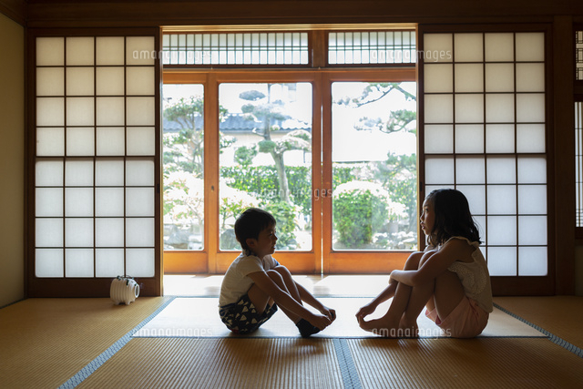 和室で談笑する姉弟 の写真素材 イラスト素材 アマナイメージズ