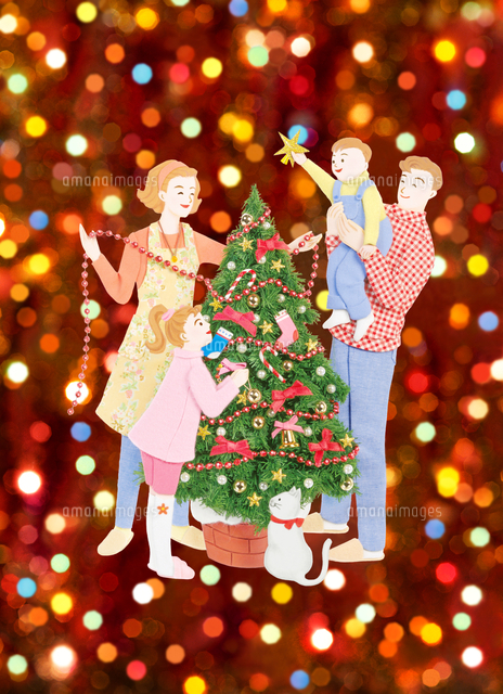 クリスマスツリーと家族とイルミネーション の写真素材 イラスト素材 アマナイメージズ
