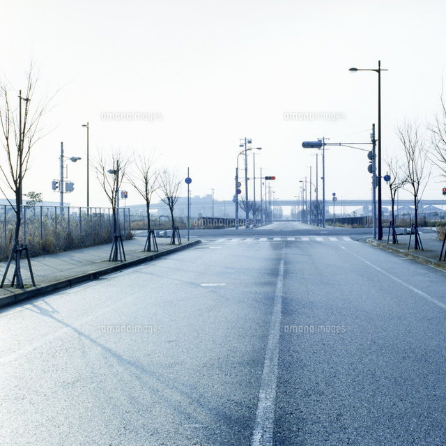 冬 車の通らない雨上がりの道路[10770000171]の写真・イラスト素材