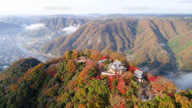 上空から眺める紅葉の備中松山城[10790017145]の写真・イラスト