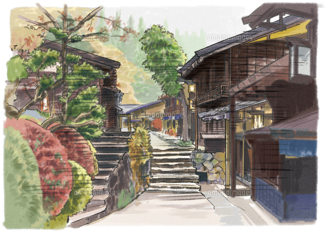 妻籠の宿　銀鼠の甍と恵那山　 パステル画 妻籠の宿 銀鼠の甍と恵那山 パステル画 浪漫版 木曽街道六十九次》『妻
