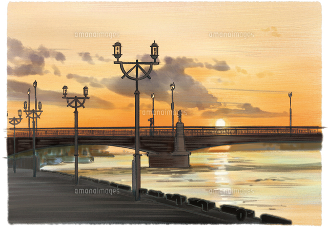 呼子大橋夕日（佐賀県唐津市）風景画　クレパス画原画 呼子大橋の夜景 写真素材 [4968876] - フォトライブラリー