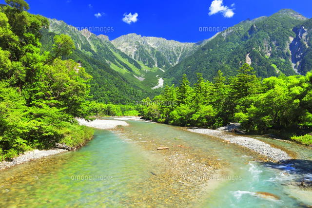 夏の上高地 梓川の清流に河童橋と穂高連峰[10816004568]の写真
