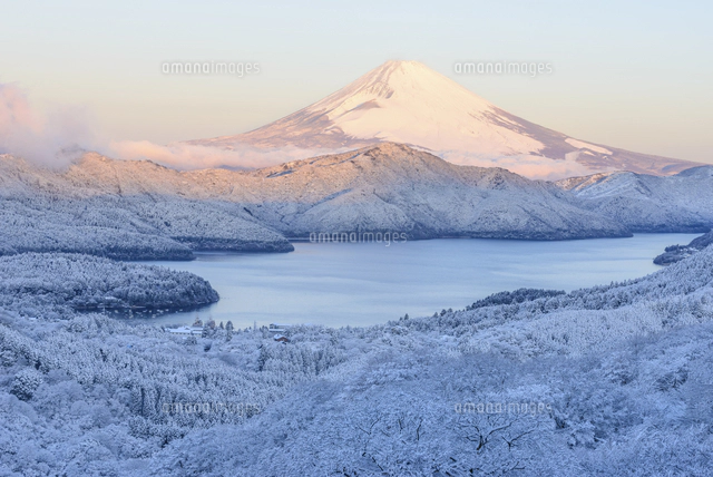 神奈川県 雪景色の箱根より富士山と芦ノ湖[10828002581]の写真