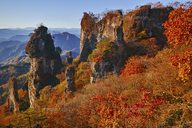 朝焼けに染まる紅葉の妙義山日暮の景 の写真素材 イラスト素材 アマナイメージズ