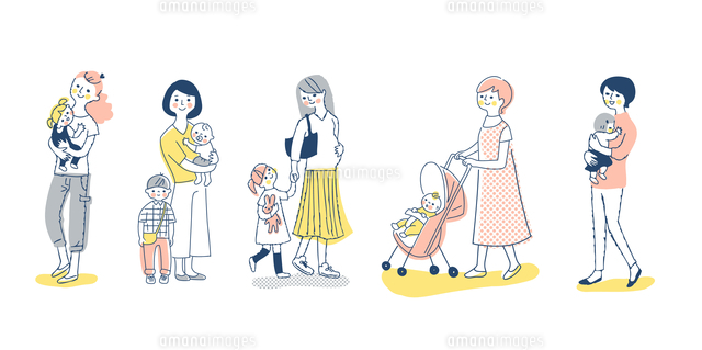 複数のママと子供 全身 セット の写真素材 イラスト素材 アマナイメージズ