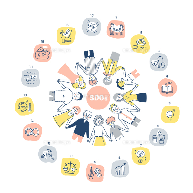 Sdgs イメージ 輪になって手を繋ぐ人々と17の目標アイコン の写真素材 イラスト素材 アマナイメージズ