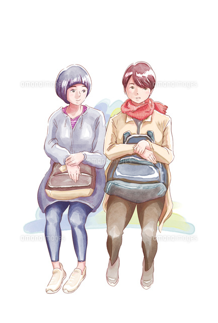 もゆ 2人 イラスト 座って話をする二人の女性たち[10956000052]の写真・イラスト素材