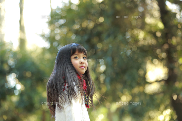 森の中で空を見上げる女の子 の写真素材 イラスト素材 アマナイメージズ