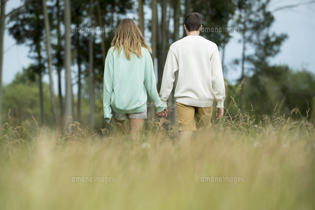 Couple walking together through tall grass, rear view[11001066869]の写真素材 ...