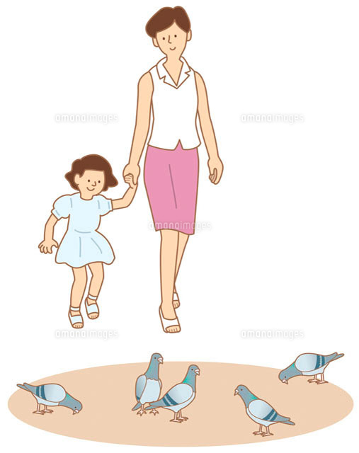散歩をする母と娘と鳩 イラスト の写真素材 イラスト素材 アマナイメージズ