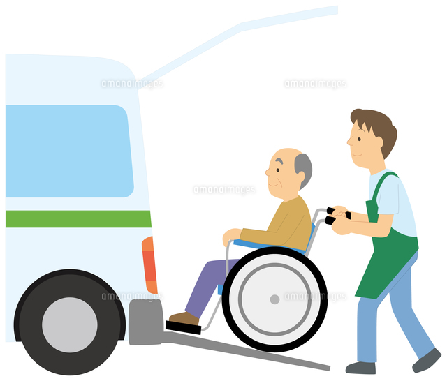 デイケアの車に乗る老人男性と介助員 の写真素材 イラスト素材 アマナイメージズ