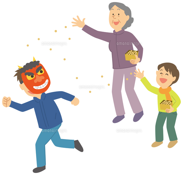 孫と豆まきをする老人女性 の写真素材 イラスト素材 アマナイメージズ