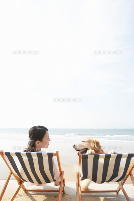 ビーチチェアに座り寛ぐ女性とゴールデンレトリバー の写真素材 イラスト素材 アマナイメージズ