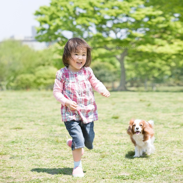 走る女の子と犬 の写真素材 イラスト素材 アマナイメージズ
