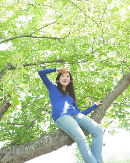 木の枝に座る女性 の写真素材 イラスト素材 アマナイメージズ