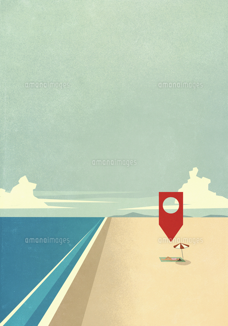 Map Pin Icon Above Woman Laying On Sunny Ocean Beach の写真素材 イラスト 素材 アマナイメージズ