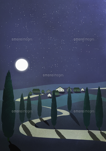 Full Moon And Stars Illuminating Idyllic Rural Village の写真素材 イラスト素材 アマナイメージズ