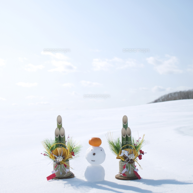みかんをのせた雪だるまと門松[11017004967]の写真・イラスト素材