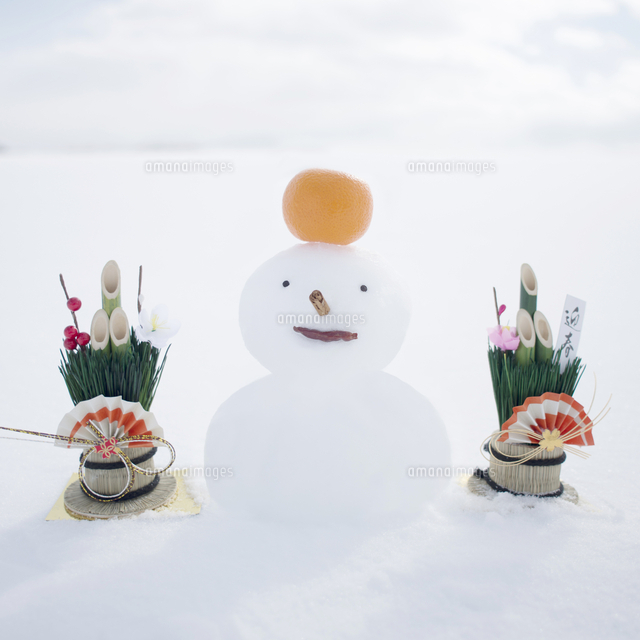 正月飾りセット 門松と雪だるま 手のひらにちょこんと鏡もち・門松のお正月セット 木製／鏡餅／正月