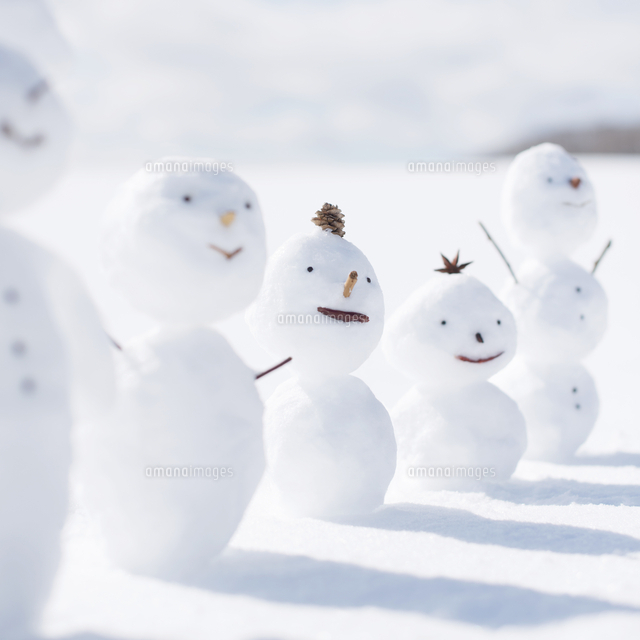 雪原で一列に並ぶ雪だるま[11017017364]の写真・イラスト素材｜アマナ