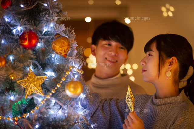 クリスマスツリーに飾り付けをするカップル の写真素材 イラスト素材 アマナイメージズ