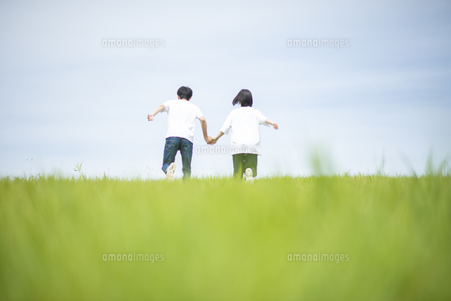 草原で手をつなぐカップルの後ろ姿 の写真素材 イラスト素材 アマナイメージズ