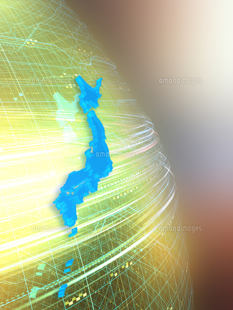 球体上を高速移動する光線と日本地図 の写真素材 イラスト素材 アマナイメージズ